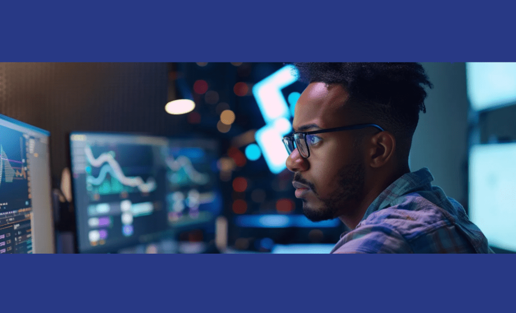 A professional analyzing data visualizations on multiple monitors, comparing Qvidian vs Responsive for proposal automation.